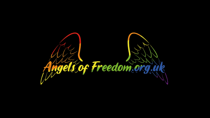 "Angels of Freedom.org.uk" logo with rainbow-coloured angel wings on a black background.