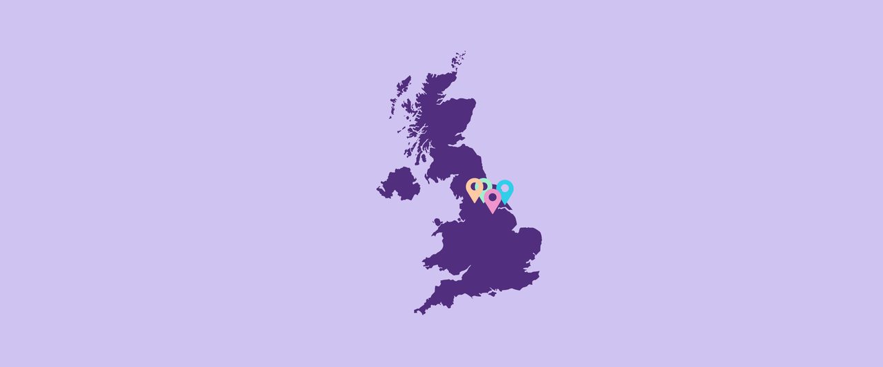 A purple UK map graphic with coloured location pins over northern England.