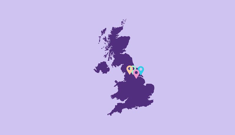 A purple UK map graphic with coloured location pins over northern England.