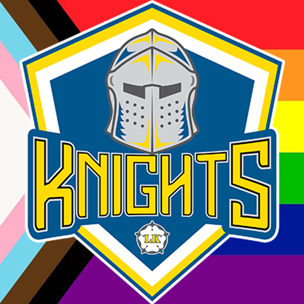 A "Knights" emblem with a knight's helmet crest on a Progress Pride flag background.
