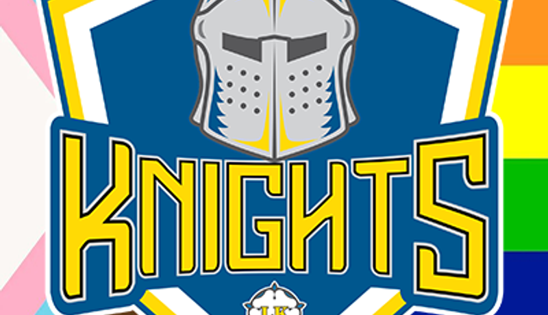 A "Knights" emblem with a knight's helmet crest on a Progress Pride flag background.