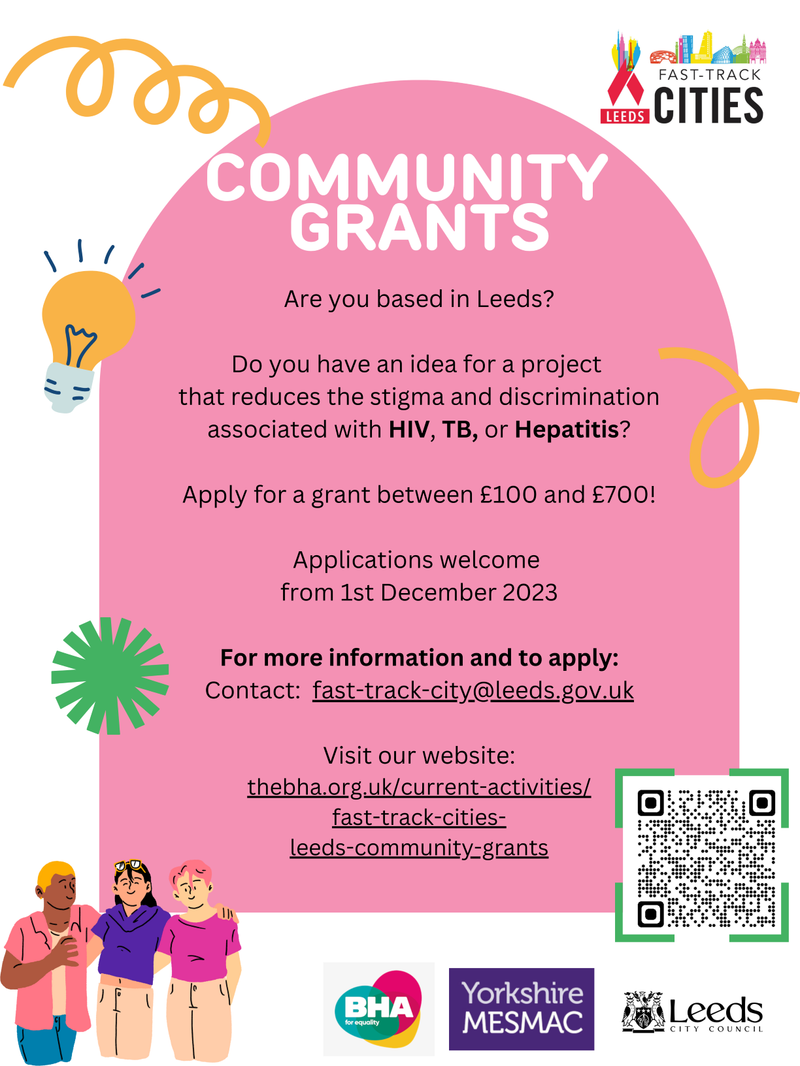 A pink "Community Grants" poster from Fast-Track Cities Leeds, offering grants of £100-£700 for projects reducing stigma around HIV, TB or Hepatitis, with illustrated people.