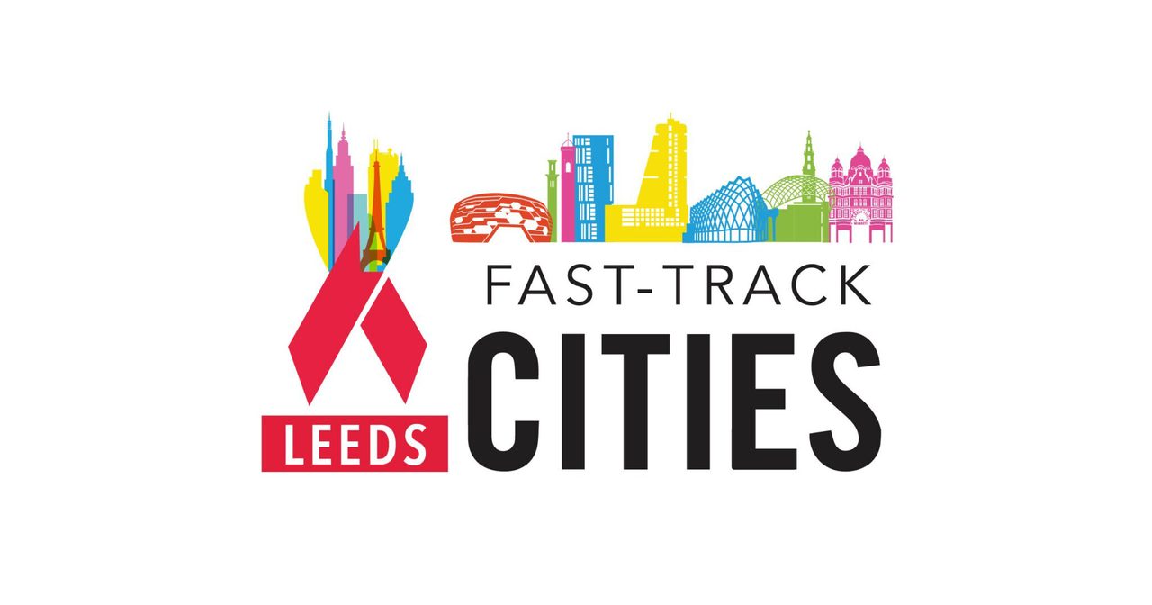 The "Leeds Fast-Track Cities" logo, with a red ribbon and a colourful illustrated skyline.