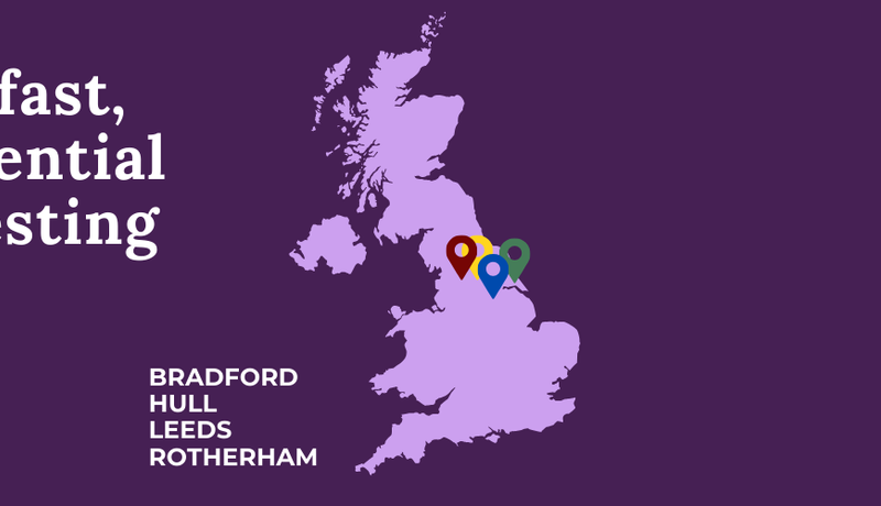 A purple "National HIV Testing Week 2024, 5th-11th February" banner for free, fast, confidential HIV testing, with a UK map and pins for Bradford, Hull, Leeds and Rotherham.