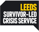 "Leeds Survivor-Led Crisis Service" logo in a black and yellow speech bubble.