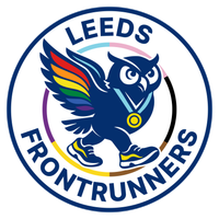 "Leeds Frontrunners" running-club roundel with an owl with a rainbow wing wearing a medal.