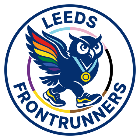 "Leeds Frontrunners" running-club roundel with an owl with a rainbow wing wearing a medal.