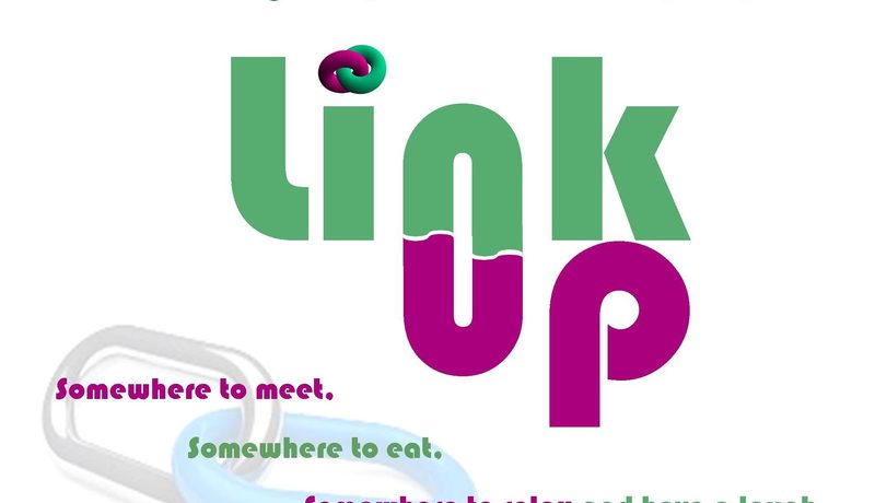 "Link Up" graphic - a social group for all HIV+ people - with chain links and the lines "Somewhere to meet, somewhere to eat, somewhere to relax and have a laugh".
