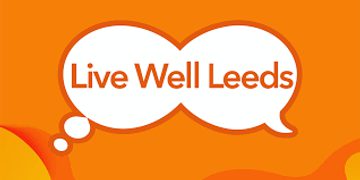 "Live Well Leeds" wordmark in an orange thought-bubble on an orange background.