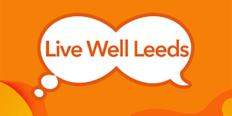 "Live Well Leeds" wordmark in an orange thought-bubble on an orange background.