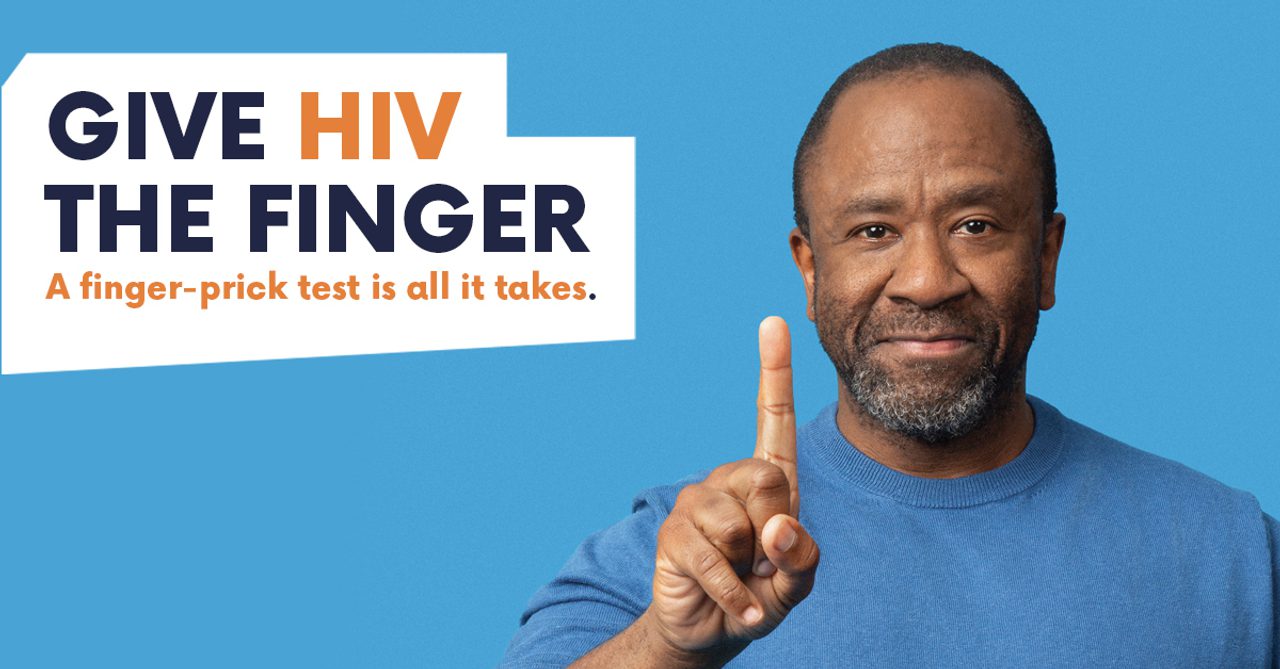 "Give HIV the Finger - a finger-prick test is all it takes" banner with a person holding up one finger.