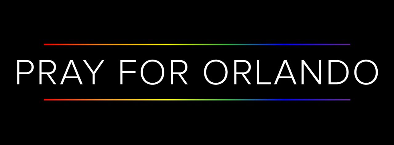 "Pray for Orlando" in white text on black, bordered by rainbow-coloured lines.