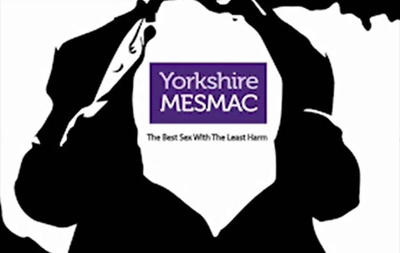 Black-and-white silhouette of a person pulling a t-shirt over their head, revealing the Yorkshire MESMAC logo and the strapline "The Best Sex With The Least Harm".