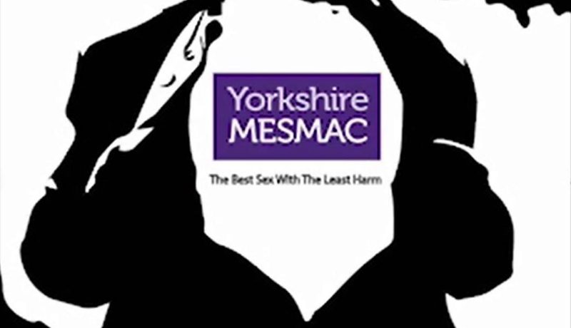 Black-and-white silhouette of a person pulling a t-shirt over their head, revealing the Yorkshire MESMAC logo and the strapline "The Best Sex With The Least Harm".