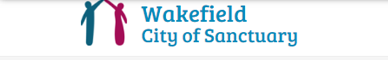 Wakefield City of Sanctuary logo, with two stylised figures forming a house shape.