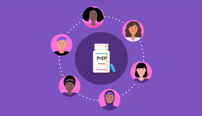 Illustration of six diverse faces arranged in a ring around a PrEP pill bottle on a purple background.