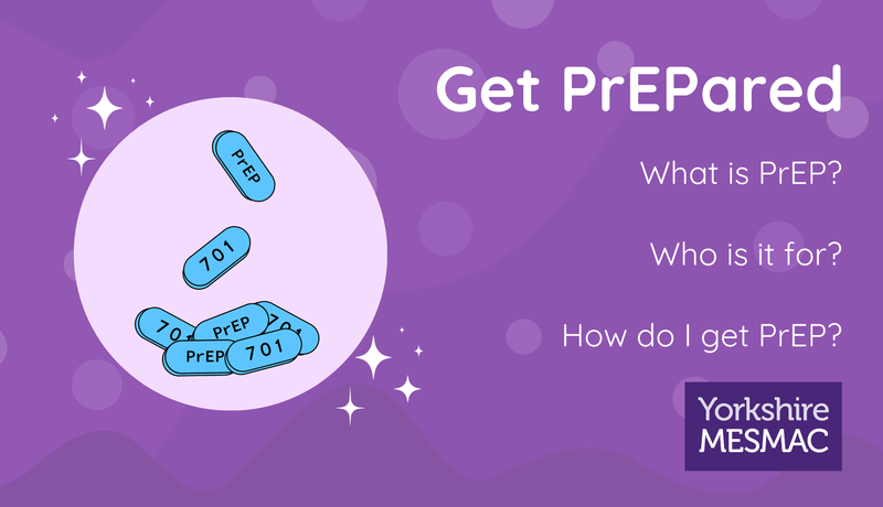 A purple "Get PrEPared" graphic with blue PrEP pills and the questions "What is PrEP? Who is it for? How do I get PrEP?", from Yorkshire MESMAC.