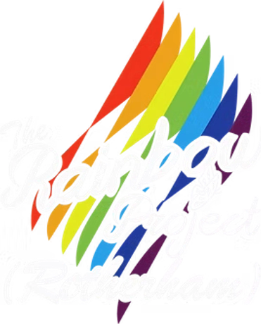 "The Rainbow Project (Rotherham)" logo in white outline over rainbow-coloured brushstrokes.