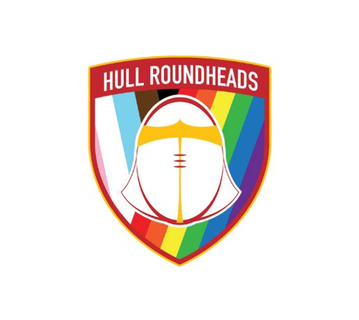 "Hull Roundheads" rugby crest with a white roundhead helmet over a shield striped in Progress Pride and rainbow colours.