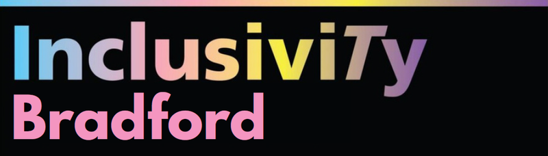 "Inclusivity Bradford" logo in a rainbow gradient on black.