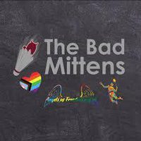 "The Bad Mittens" badminton logo with a shuttlecock, a Progress Pride heart and a player, on a grey background.