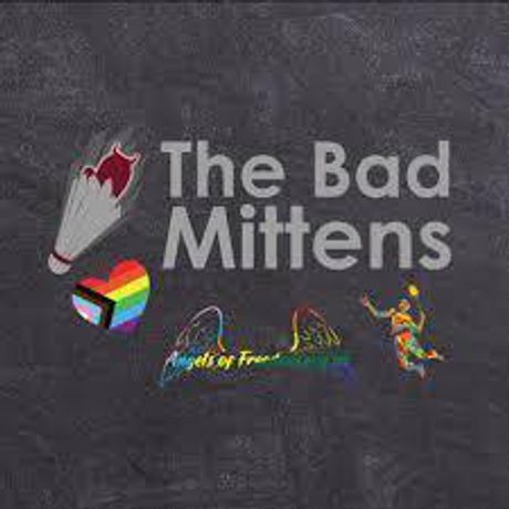 "The Bad Mittens" badminton logo with a shuttlecock, a Progress Pride heart and a player, on a grey background.