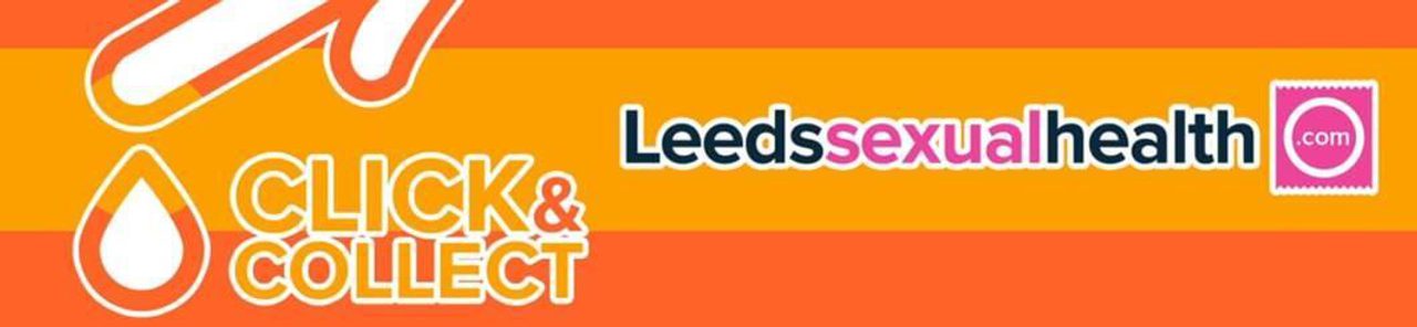 Leeds Sexual Health "Click & Collect" banner in orange with a condom-square logo.