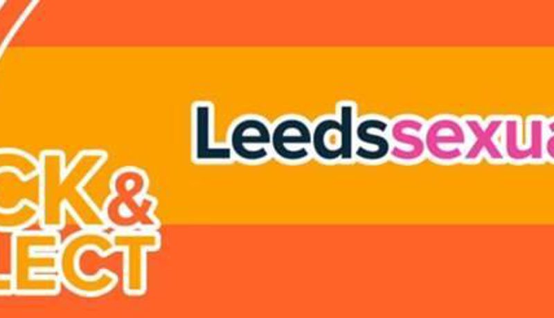 Leeds Sexual Health "Click & Collect" banner in orange with a condom-square logo.