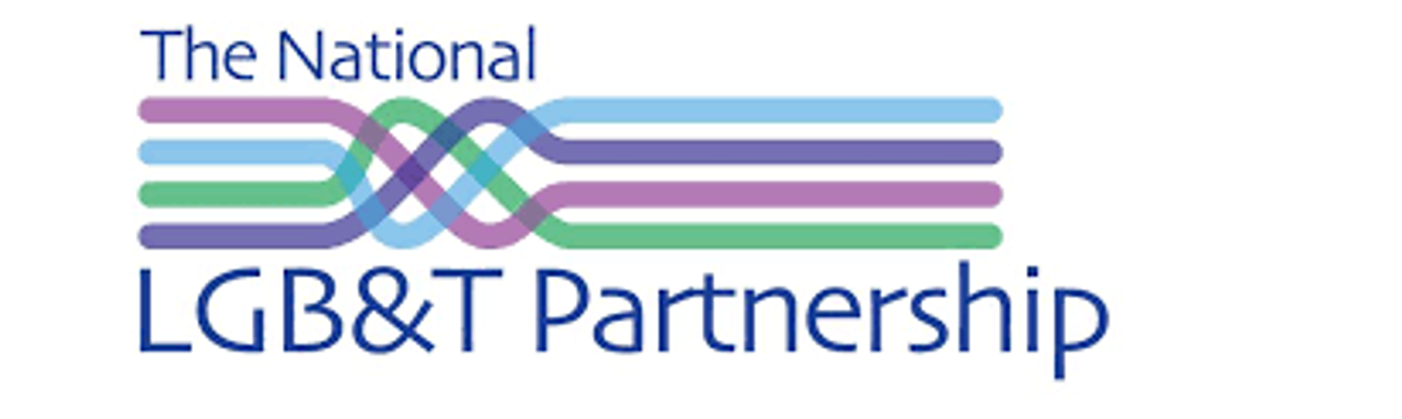 The National LGB&T Partnership logo, with interwoven coloured lines above the name.
