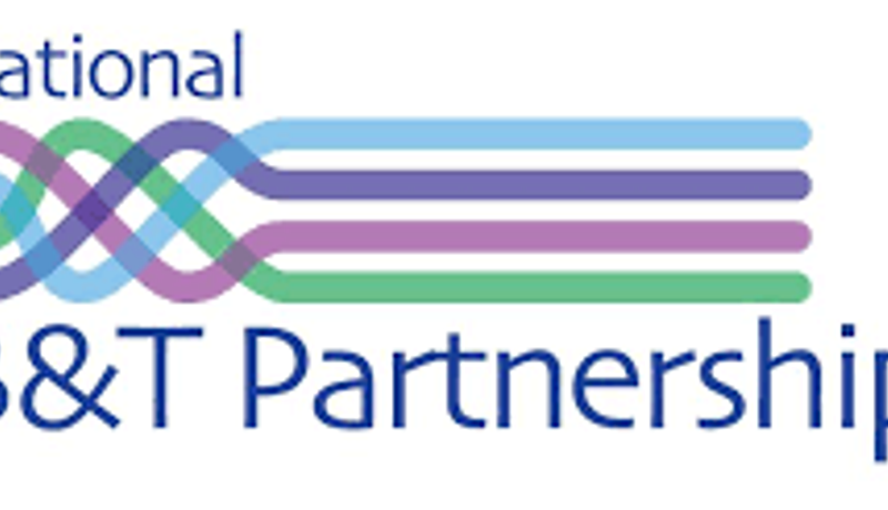 The National LGB&T Partnership logo, with interwoven coloured lines above the name.