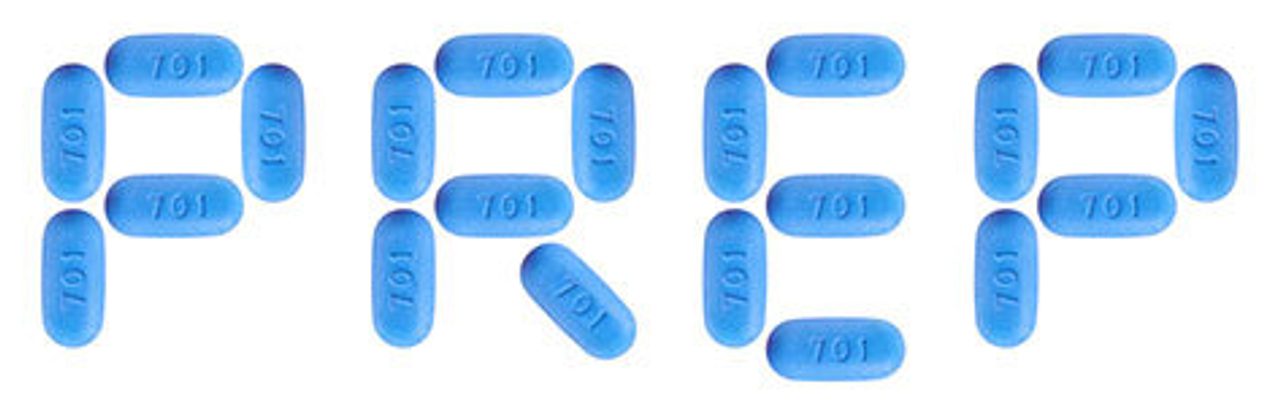 Blue PrEP pills arranged to spell the word "PREP" on a white background.