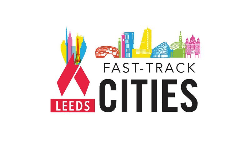 The "Leeds Fast-Track Cities" logo, with a red ribbon and a colourful illustrated skyline.