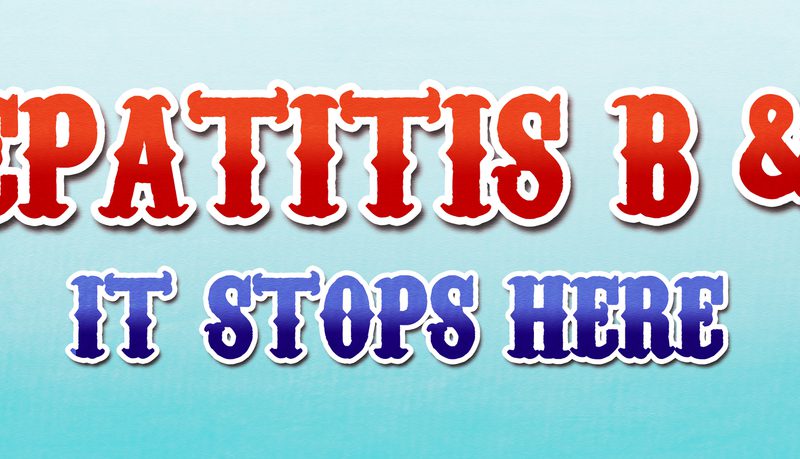 A "Hepatitis B & C - It Stops Here" banner with vintage illustrations of people in old-fashioned swimwear and small red hearts.