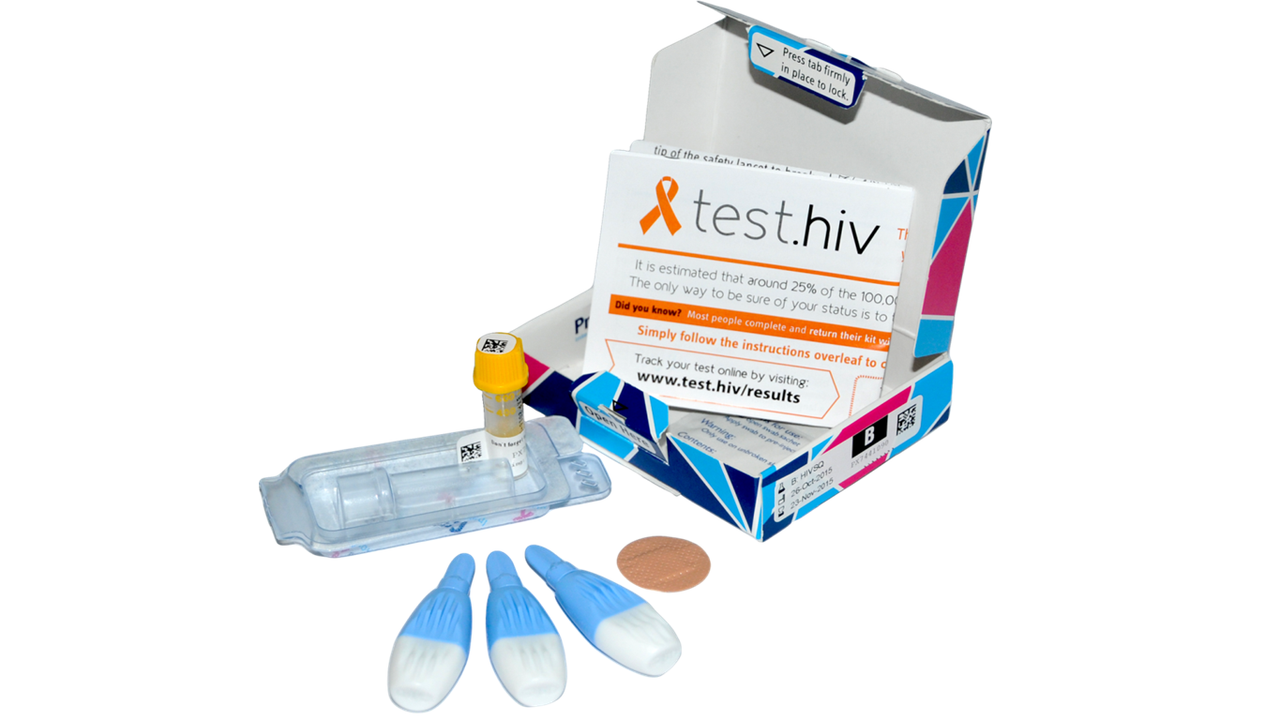 A "test.hiv" home HIV sampling kit with its box, a sample tube and dropper pipettes.