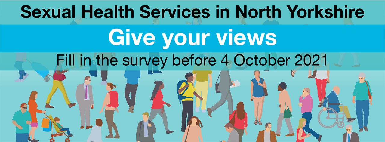 "Sexual Health Services in North Yorkshire - Give your views" survey banner with an illustrated crowd of diverse people.