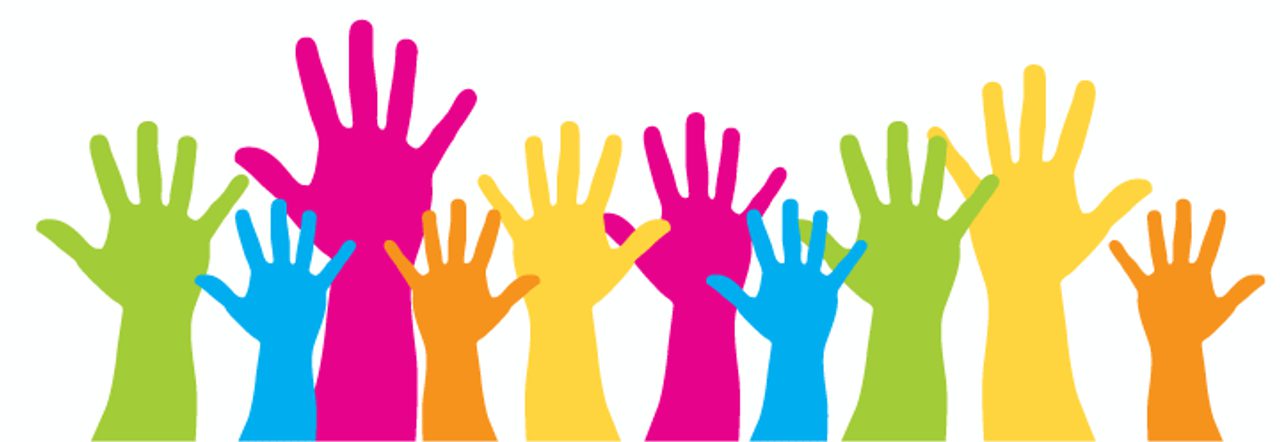 Illustration of a row of raised hands in bright colours.