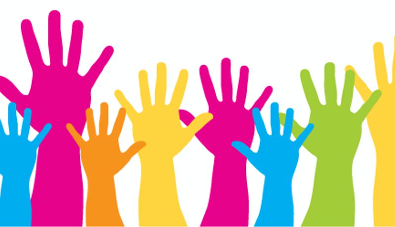 Illustration of a row of raised hands in bright colours.