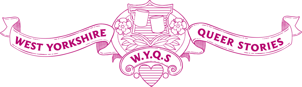 West Yorkshire Queer Stories logo, a pink line-art banner with a crest of mugs and roses and the initials "W.Y.Q.S".