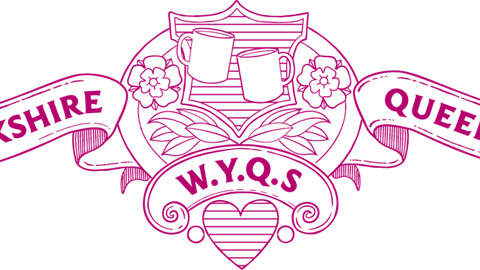 West Yorkshire Queer Stories logo, a pink line-art banner with a crest of mugs and roses and the initials "W.Y.Q.S".